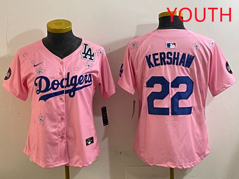 Youth Los Angeles Dodgers #22 Kershaw Pink White Blue Sakura Edition 2025 Nike MLB Jersey style 9